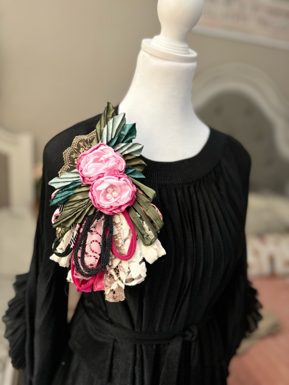 Handcrafted Pink Flower Brooch with Green Leaves - Women's Accessory
